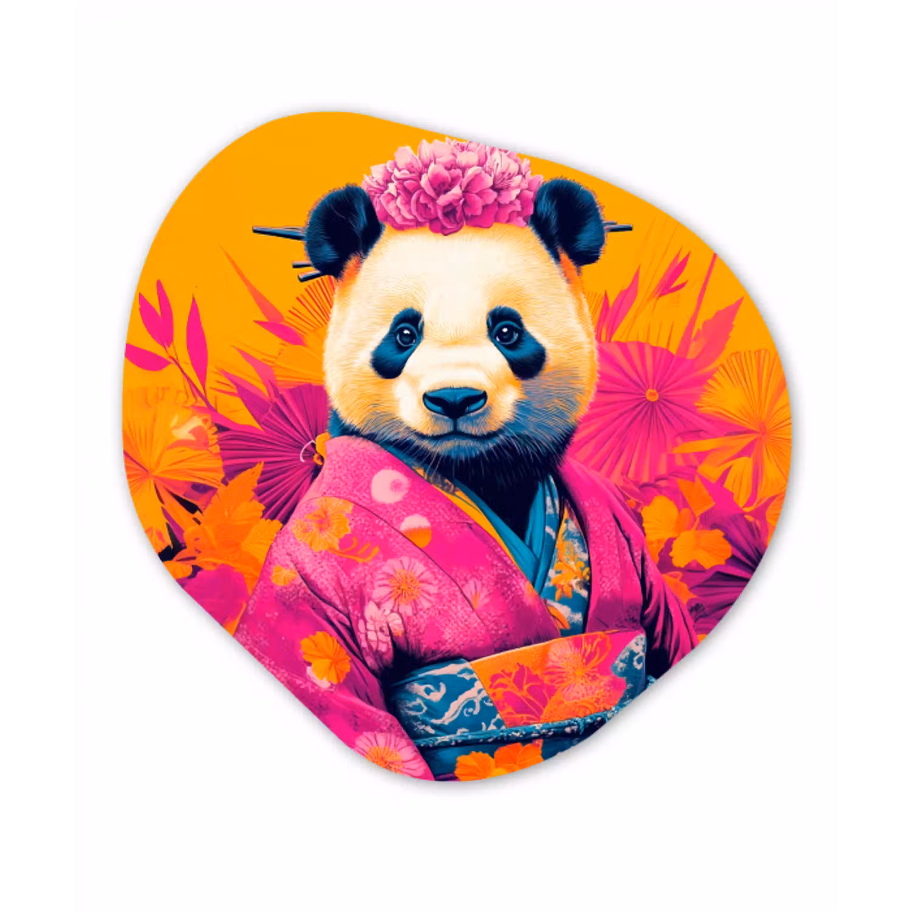 Kimono - Roze - Panda - Bloemenkroon Wandcirkel Organisch Aluminium middel -3d