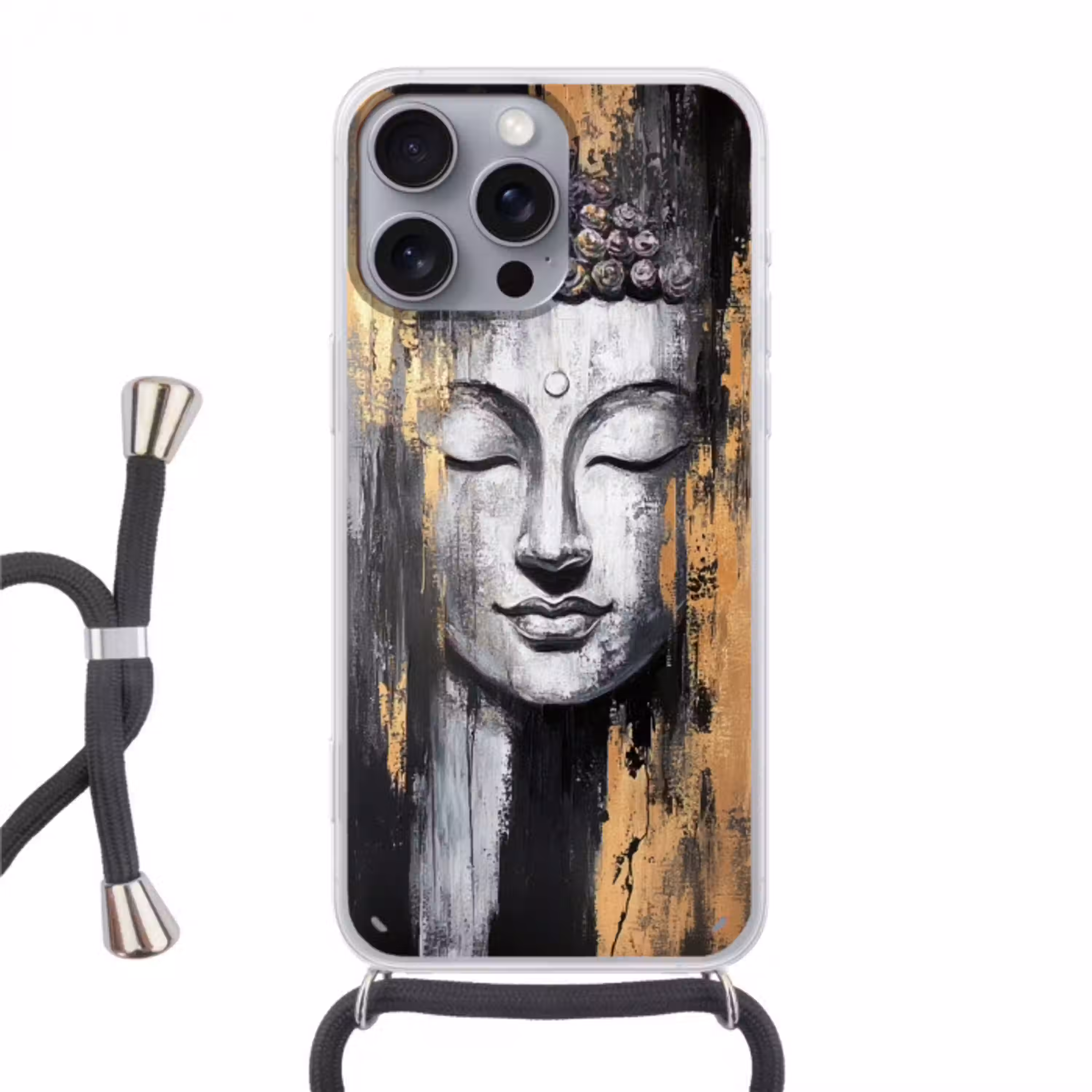 Boedhha - Penseelstreken - Goud - Abstract Hoesje iPhone 16 Pro Max met koord klein -3d
