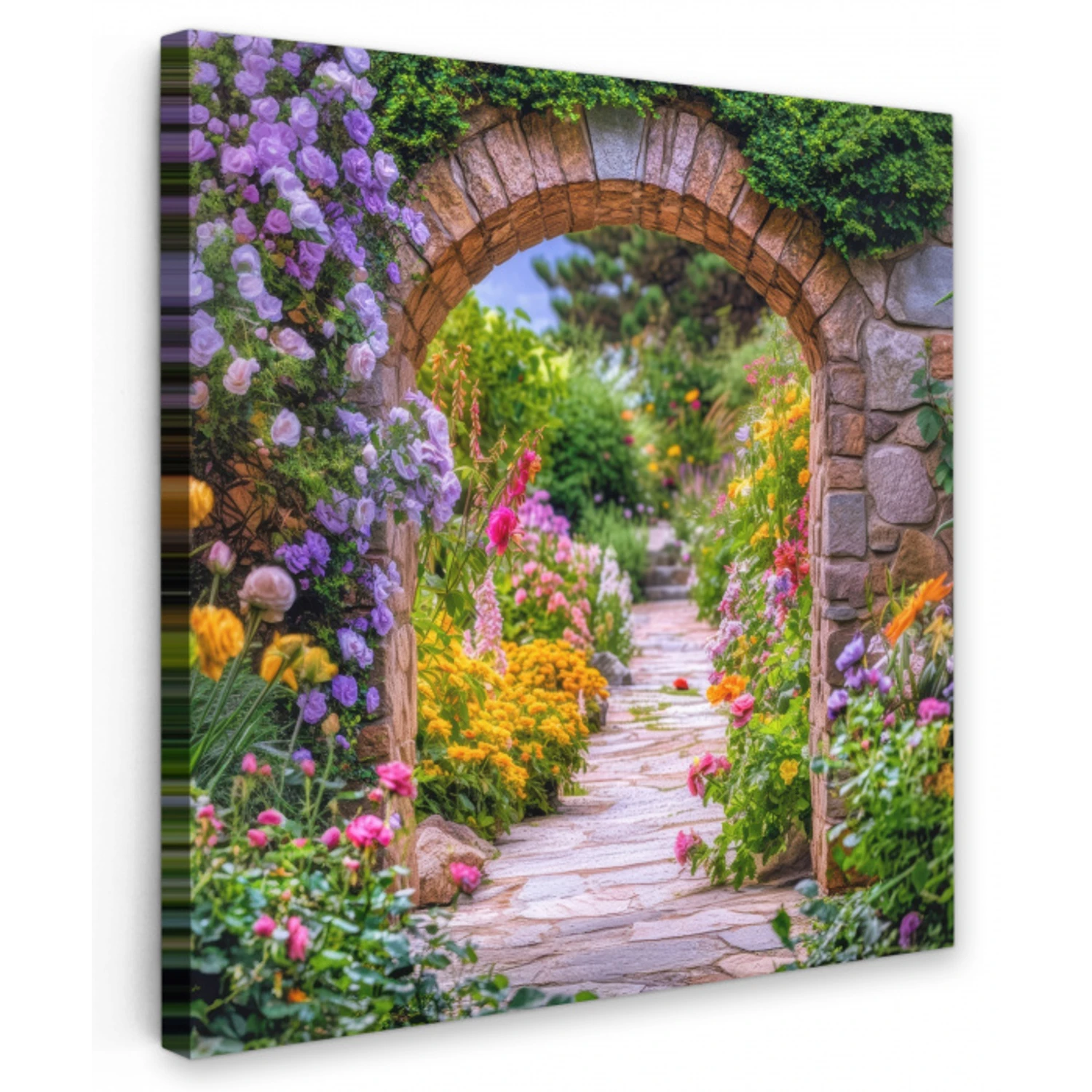 Doorkijk - Bloemen - Pad - Natuur Tuinposter op houten frame 2 cm dik middel -3d