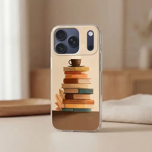 Boeken - Toren - Koffie - Beige Telefoonhoesje iPhone 17 Pro klein -sfeer2