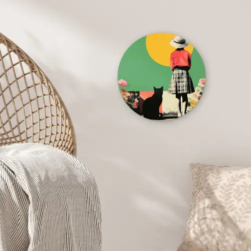 Retro - Meisje - Kat - Zon Wandcirkel kunststof plaat 5mm dik klein -sfeer5