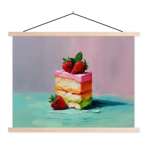 Taartje - Aardbeien - Glazuur - Kleurrijk textielposter latten blank klein -3d