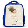 Meisje met een voetbal in beige kleuren Kinderrugzak - Blauw middel -3d