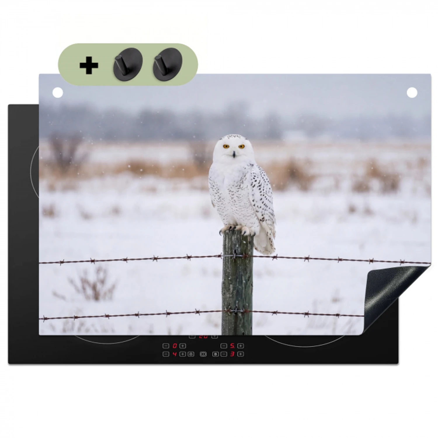 Sneeuwuil - Hek - Sneeuw - Wit Inductie beschemer met haakjes klein -3d