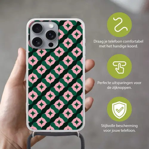 Groen - Roze - Retro - Sterren Hoesje iPhone 16 Pro Max met koord klein 804 -sfeer2_NL