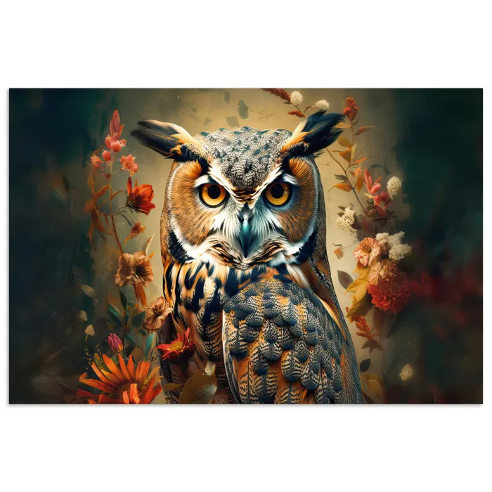 Uil - Vogel - Bloemen - Planten - Botanisch poster papier klein -3d