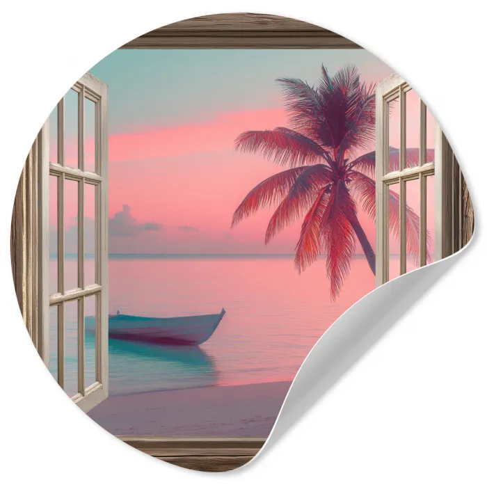 Doorkijk - Strand - Palmboom - Tropisch Wandcirkel behangsticker klein -3d