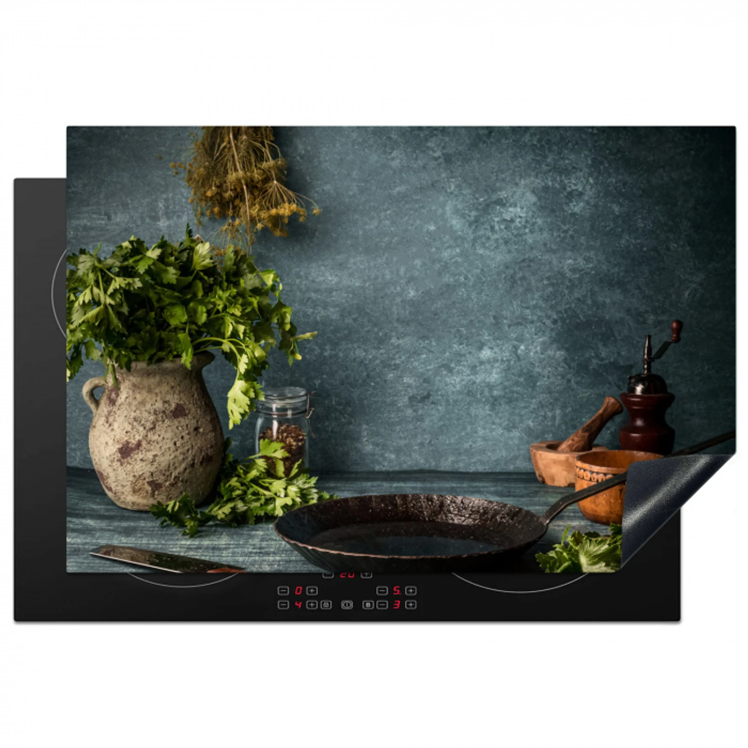 Kruiden - Specerijen - Pan - Mes - Grijs - Rustiek Inductie beschermer vinyl 3mm klein -3d