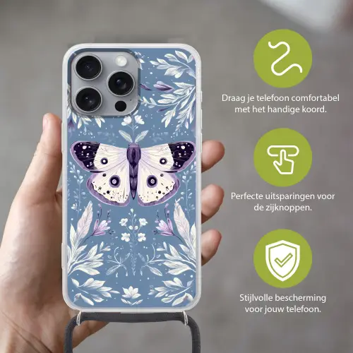 Vlinder - Bloemtakken - Lichtblauw Hoesje iPhone 16 Pro Max met koord klein -sfeer2_NL