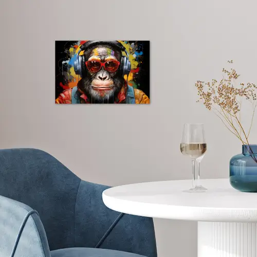 Chimpansee - Aap - dieren - Graffiti - Bril - Koptelefoon - Kleuren poster papier klein -sfeer3