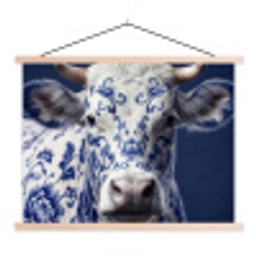 Koe - Delfts - Blauw - Artistiek textielposter latten blank klein -3d