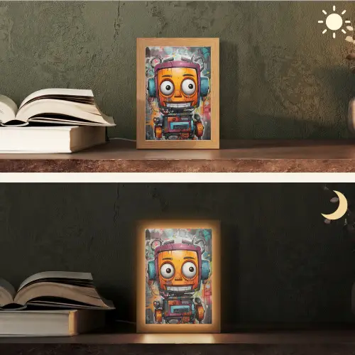 Robot - Graffiti - Oranje - Kleuren Light Box met kabel (Tafellamp) klein -sfeer3
