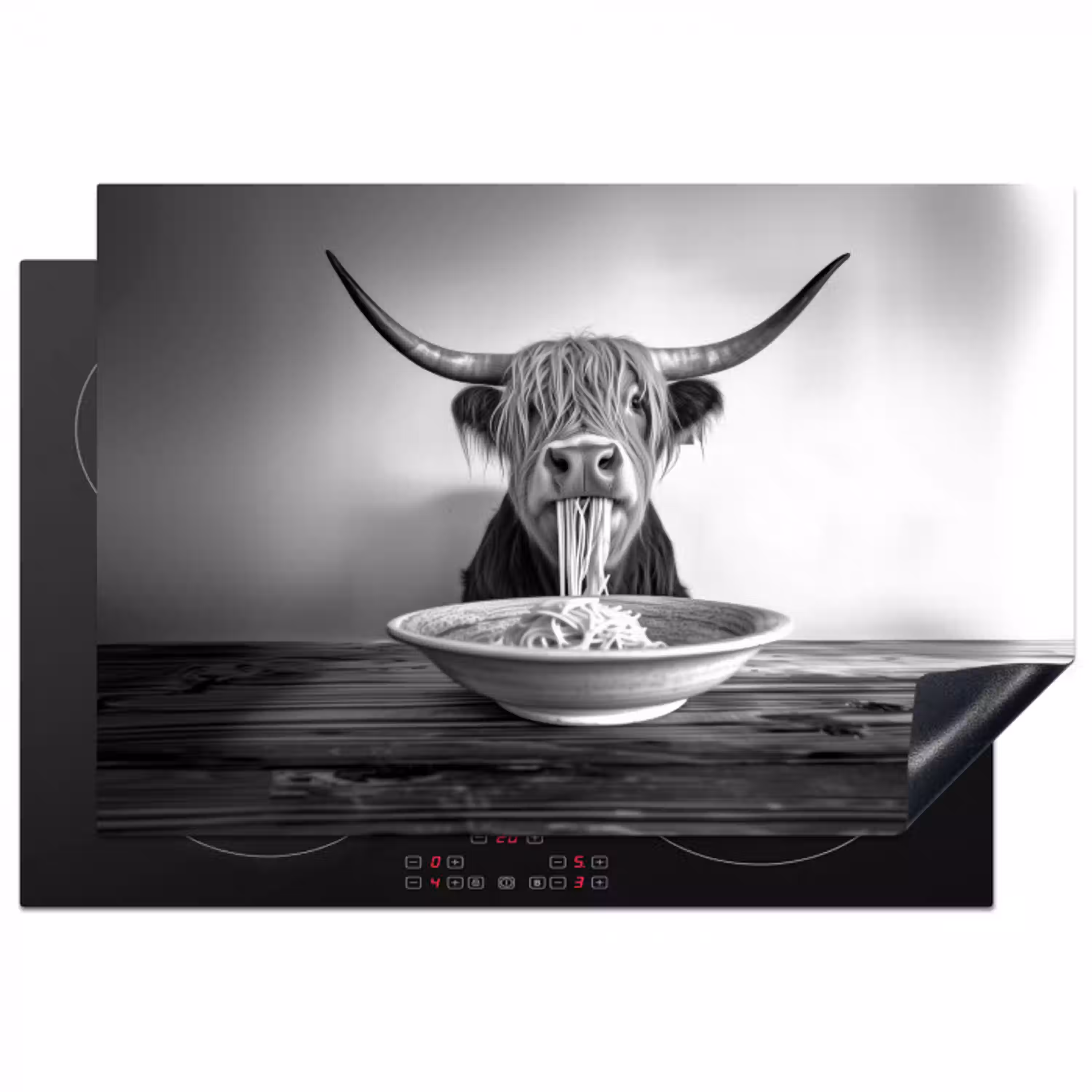 Schotse Hooglander - Spaghetti - Dieren - Zwart wit Inductie beschermer vinyl 3mm klein -3d