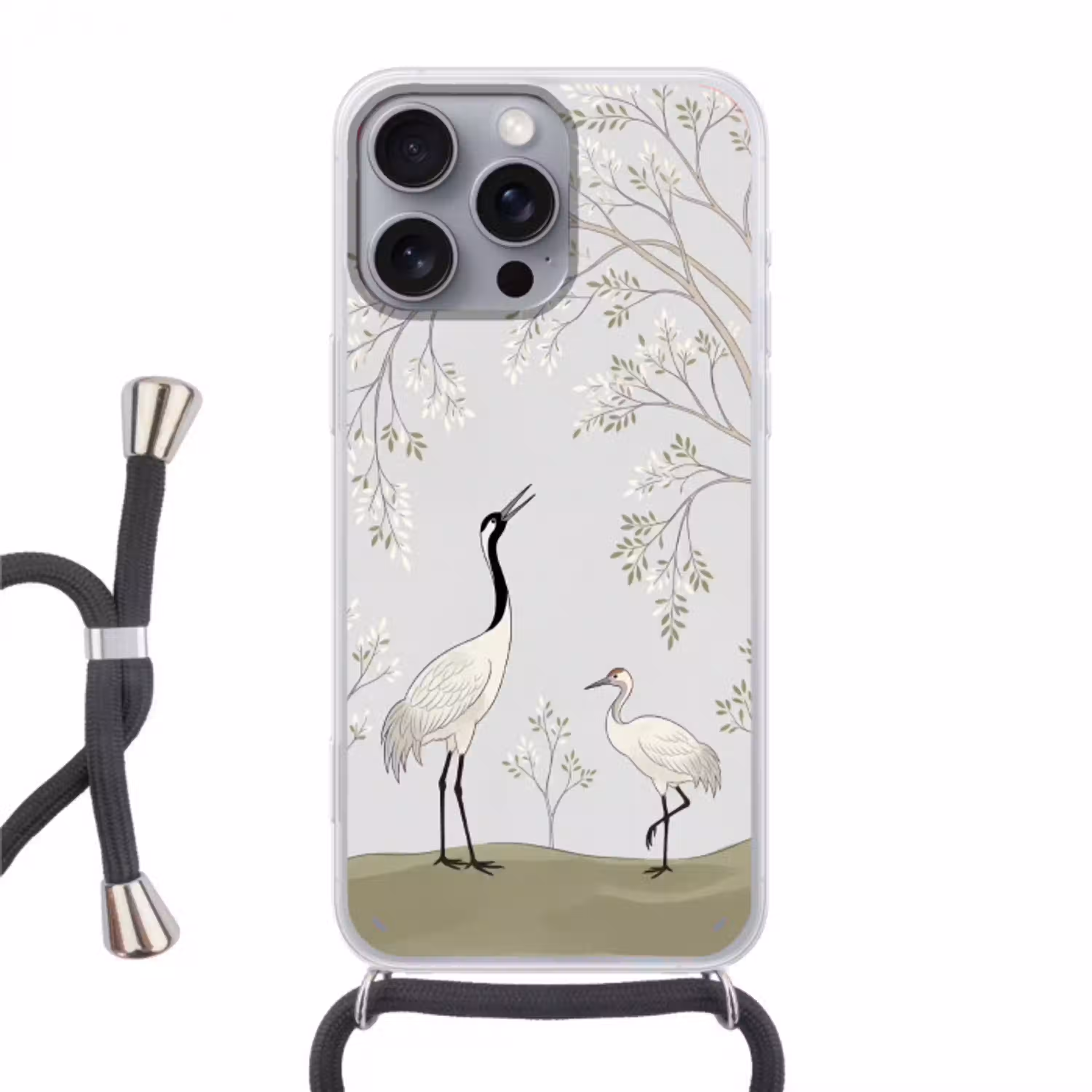 Minimalistisch - Kraanvogels - Blauw Hoesje iPhone 16 Pro Max met koord klein -3d