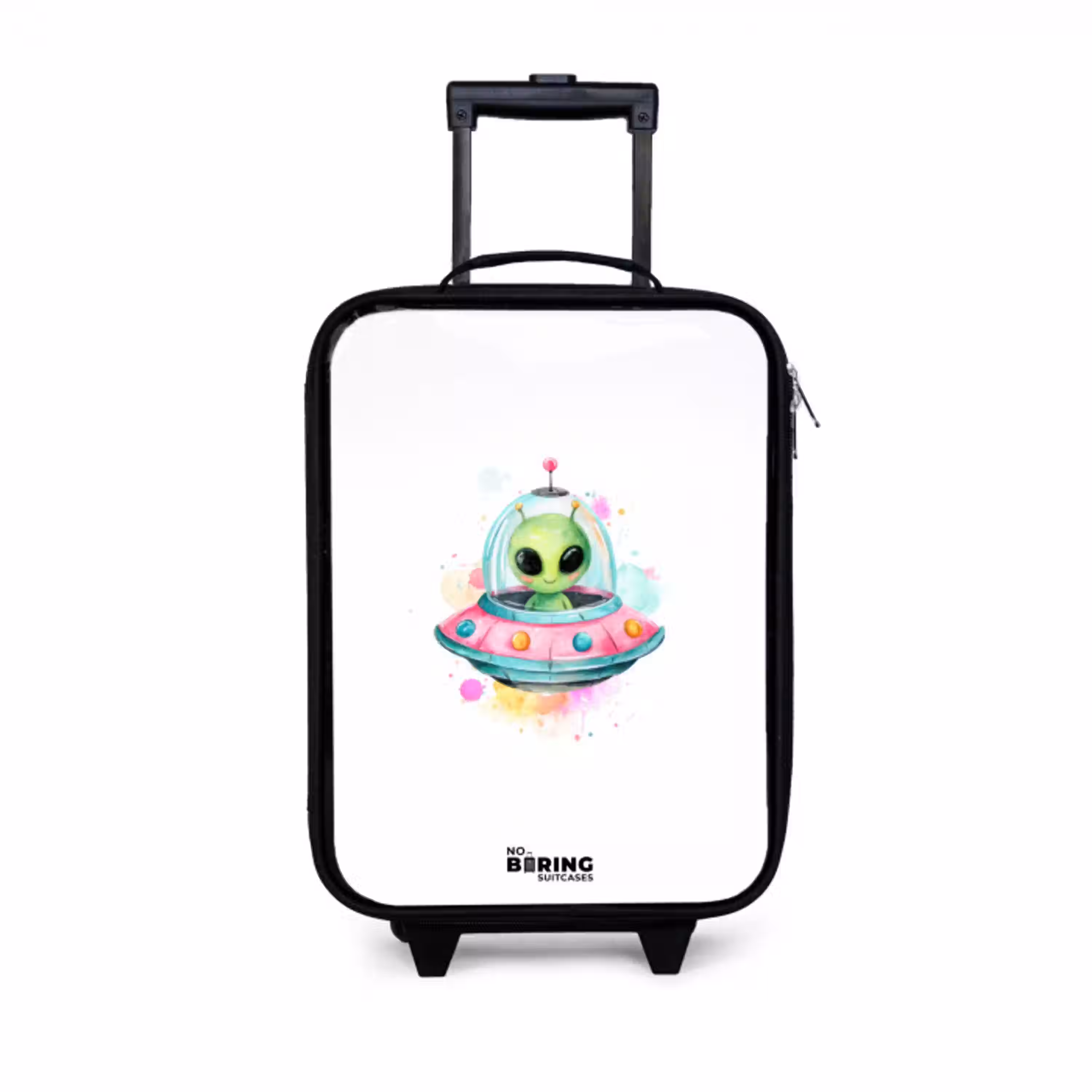 Groene alien in kleurrijke UFO Kinderkoffer - Zwart klein -3d