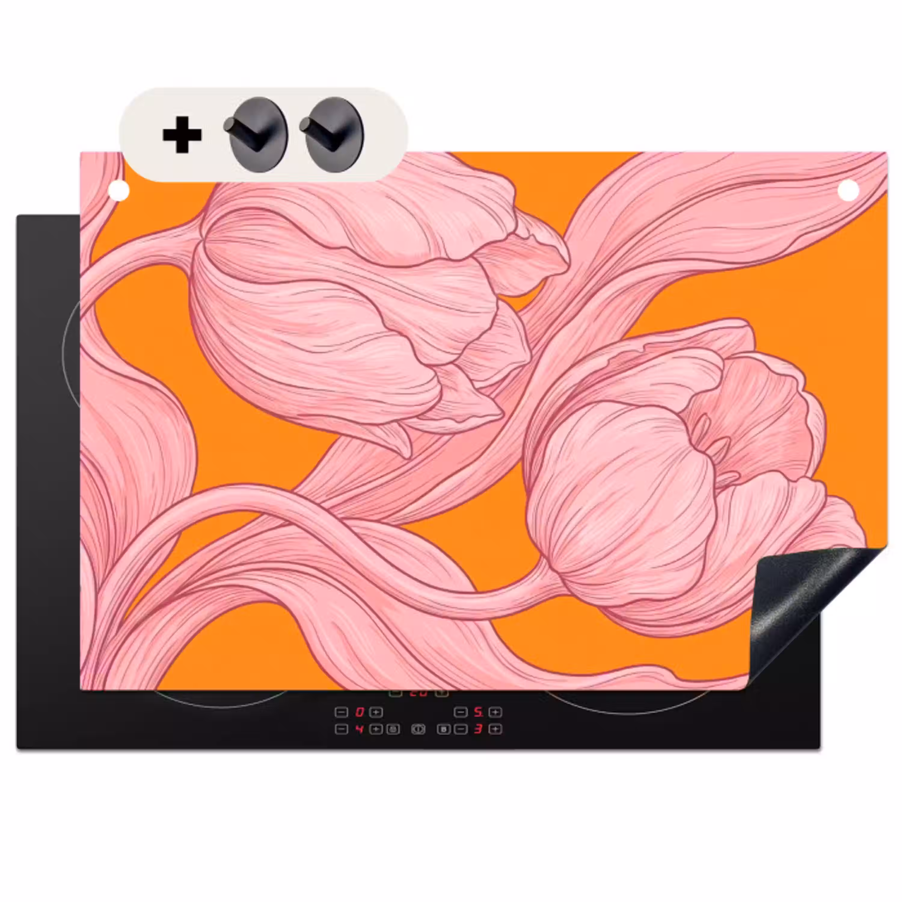 Roze bloemen - Modern Inductie beschemer met haakjes klein -3d