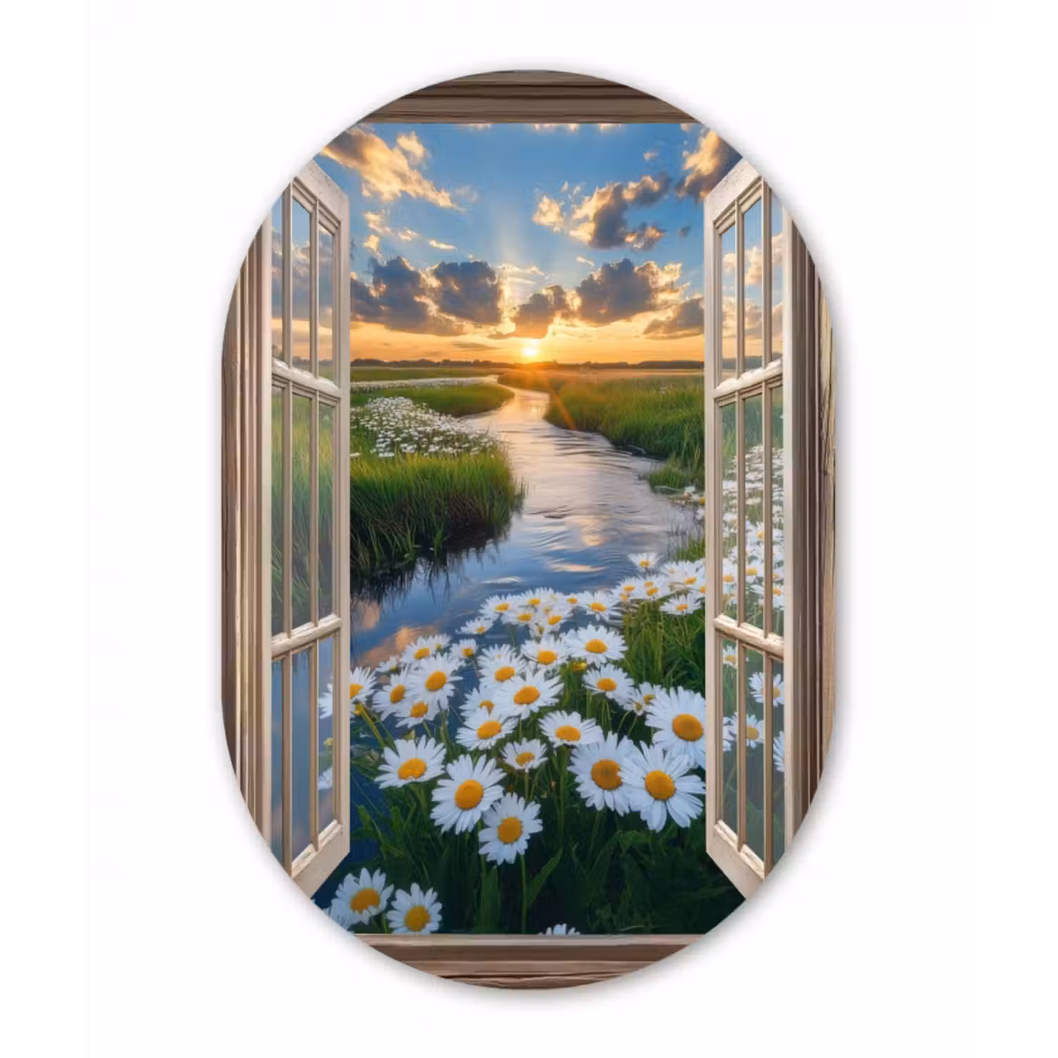 Glasbild Oval - Aussicht - Landschaft - Fenster - Wasser - Sonnenuntergang