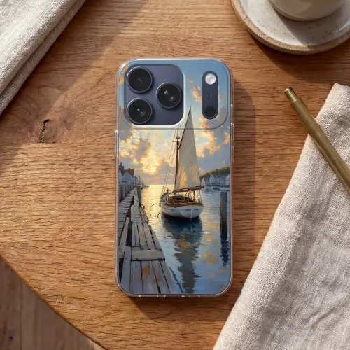 Zeilboot - Zon - Pier - Hout Telefoonhoesje iPhone 17 Pro klein -sfeer1