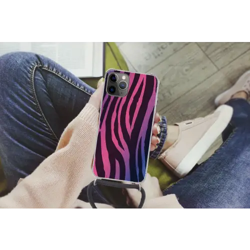 Zebraprint - Roze - Paars - Dierenprint Hoesje iPhone 12 Pro met koord klein -hand