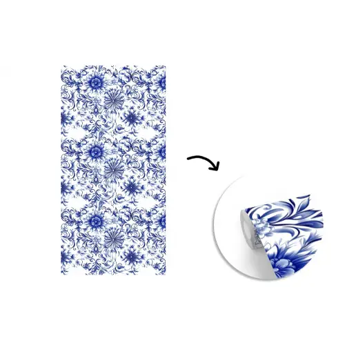 Bloemen - Blauw - Patroon - Wit fotobehang vinyl groot 64 -3d