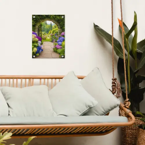 Doorkijk - Poort - Hortensia - Bloementuin tuinposter los doek klein -sfeer7