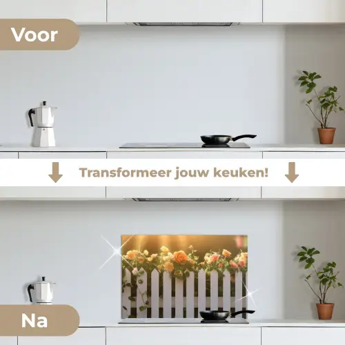 Rozen - Hek - Zonlicht keuken achterwand spatscherm klein -voor_na_NL