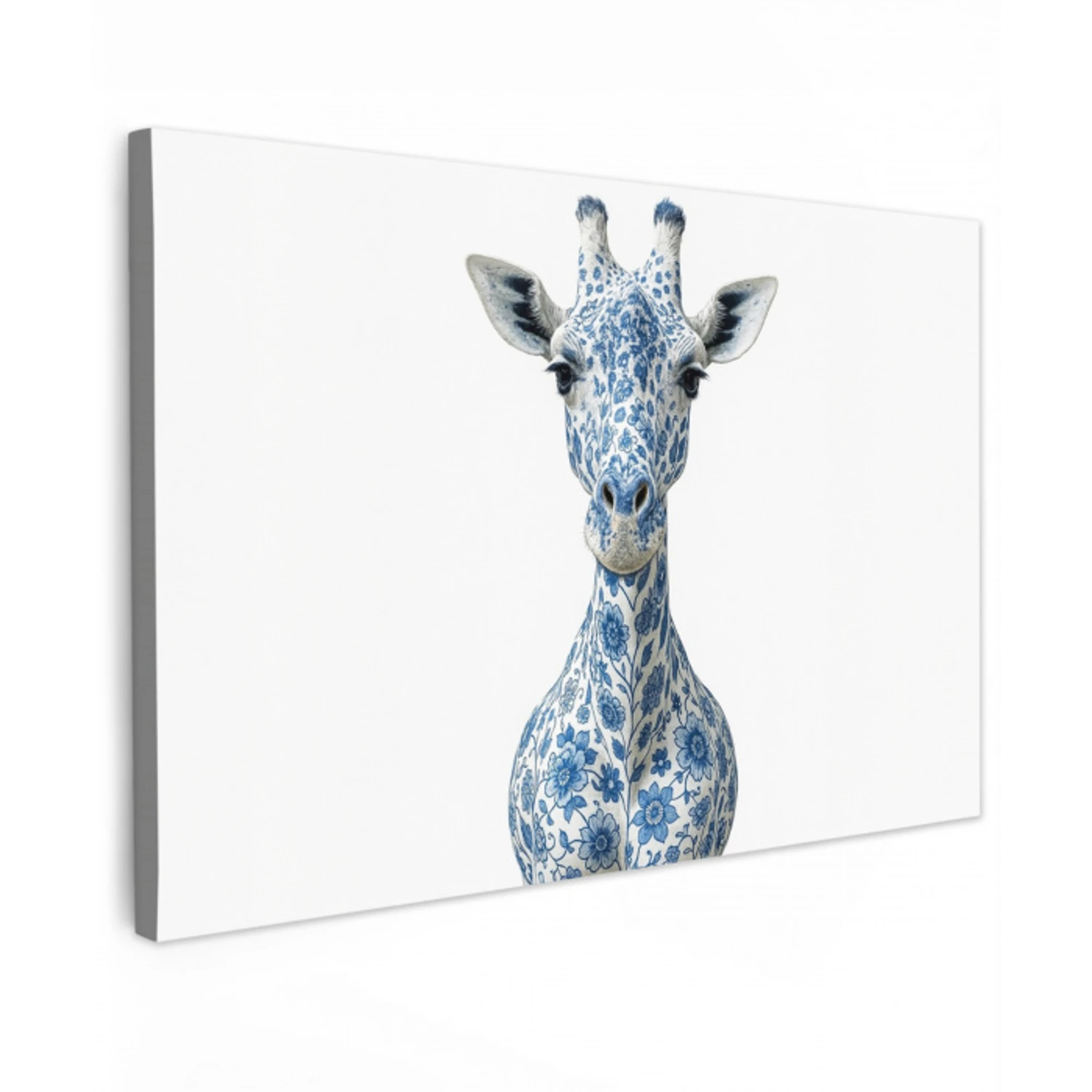 Giraffe - Delfts blauw - Dieren - Minimalistisch Tuinposter op houten frame 2 cm dik klein -3d