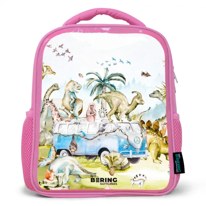 Busje met dino's Kinderrugzak - Roze middel -3d