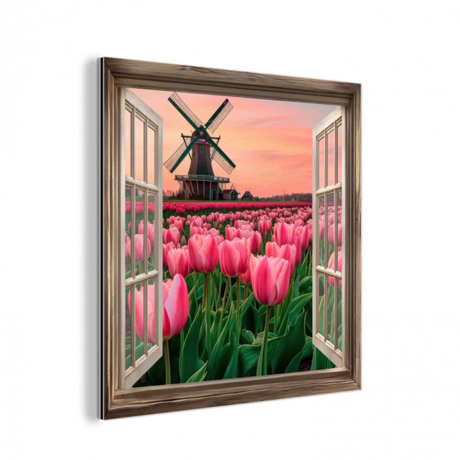 Doorkijk - Tulpen - Bloemen - Molen - Raam aluminium wit klein -3d