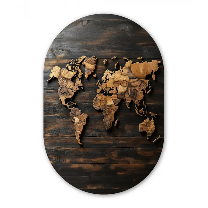 Wereldkaart -  Hout - Mozaïek Wandcirkel Ovaal Glas middel -3d