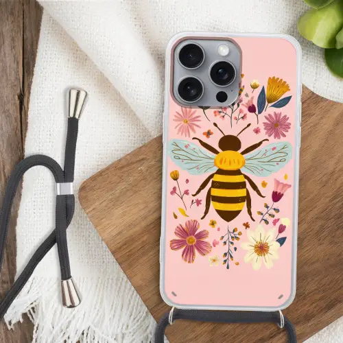 Bij - Geel - Bloemen - Kleurrijk Hoesje iPhone 16 Pro Max met koord klein -sfeer4