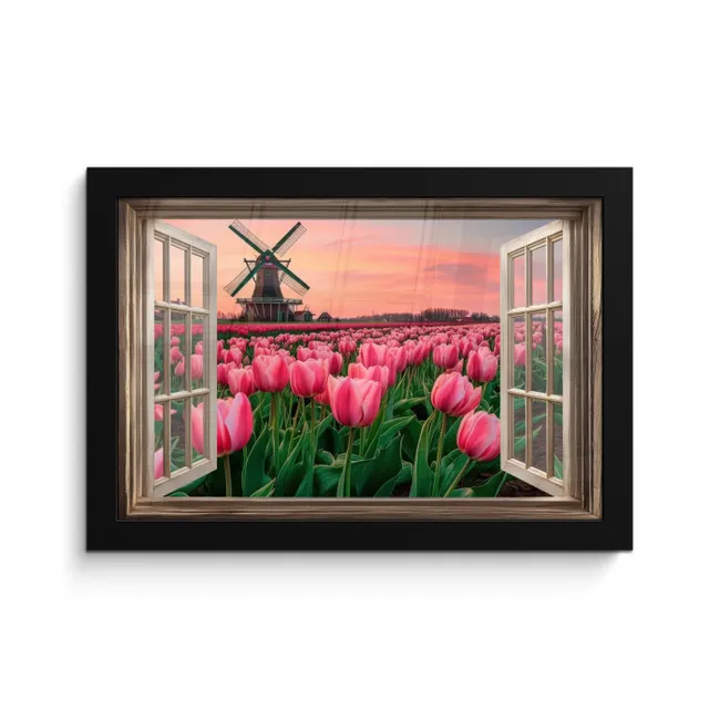 Doorkijk - Tulpen - Bloemen - Molen - Raam fotolijst zwart zonder passe partout klein -3d