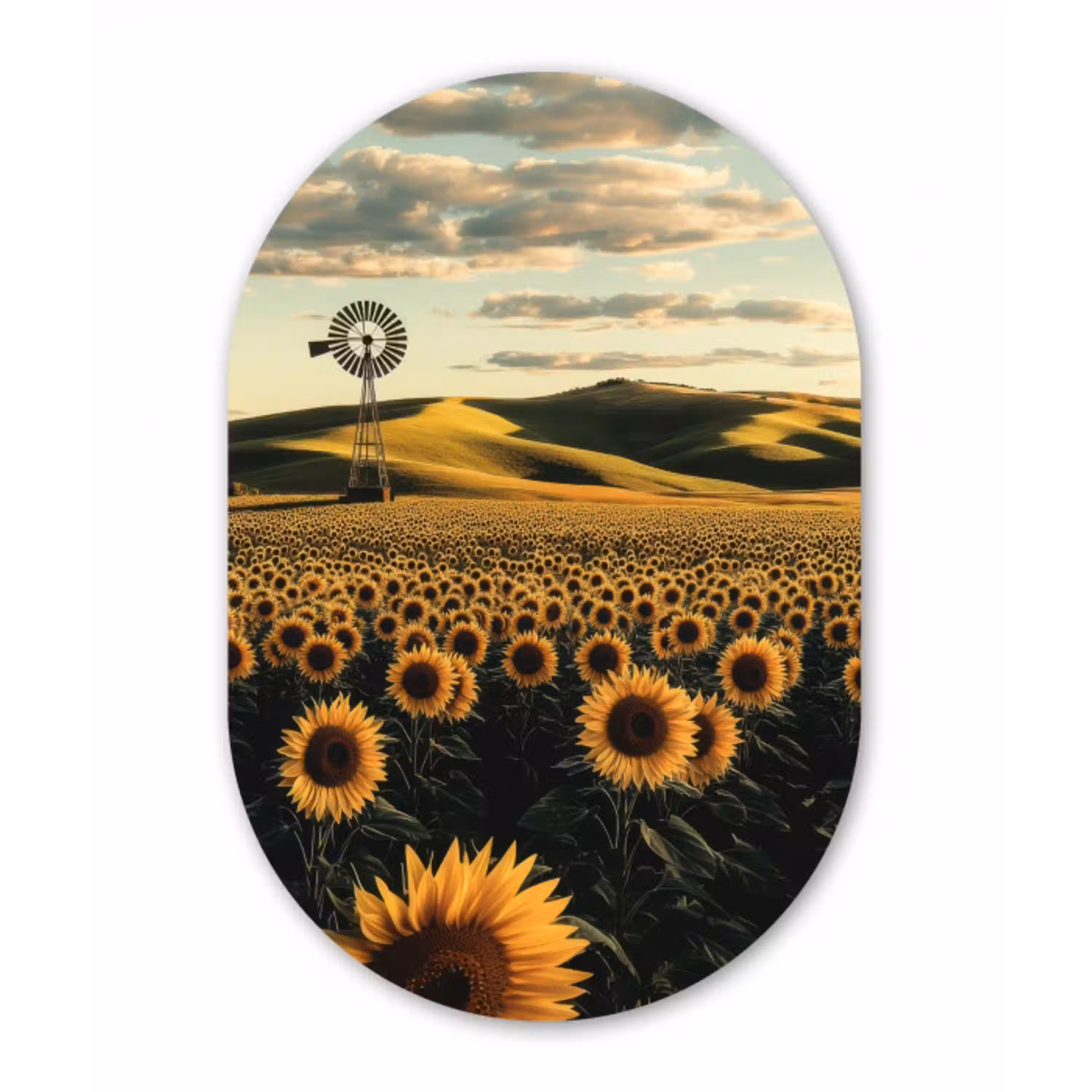 Zonnebloem - Veld - Windmolen Wandcirkel Ovaal Aluminium middel -3d