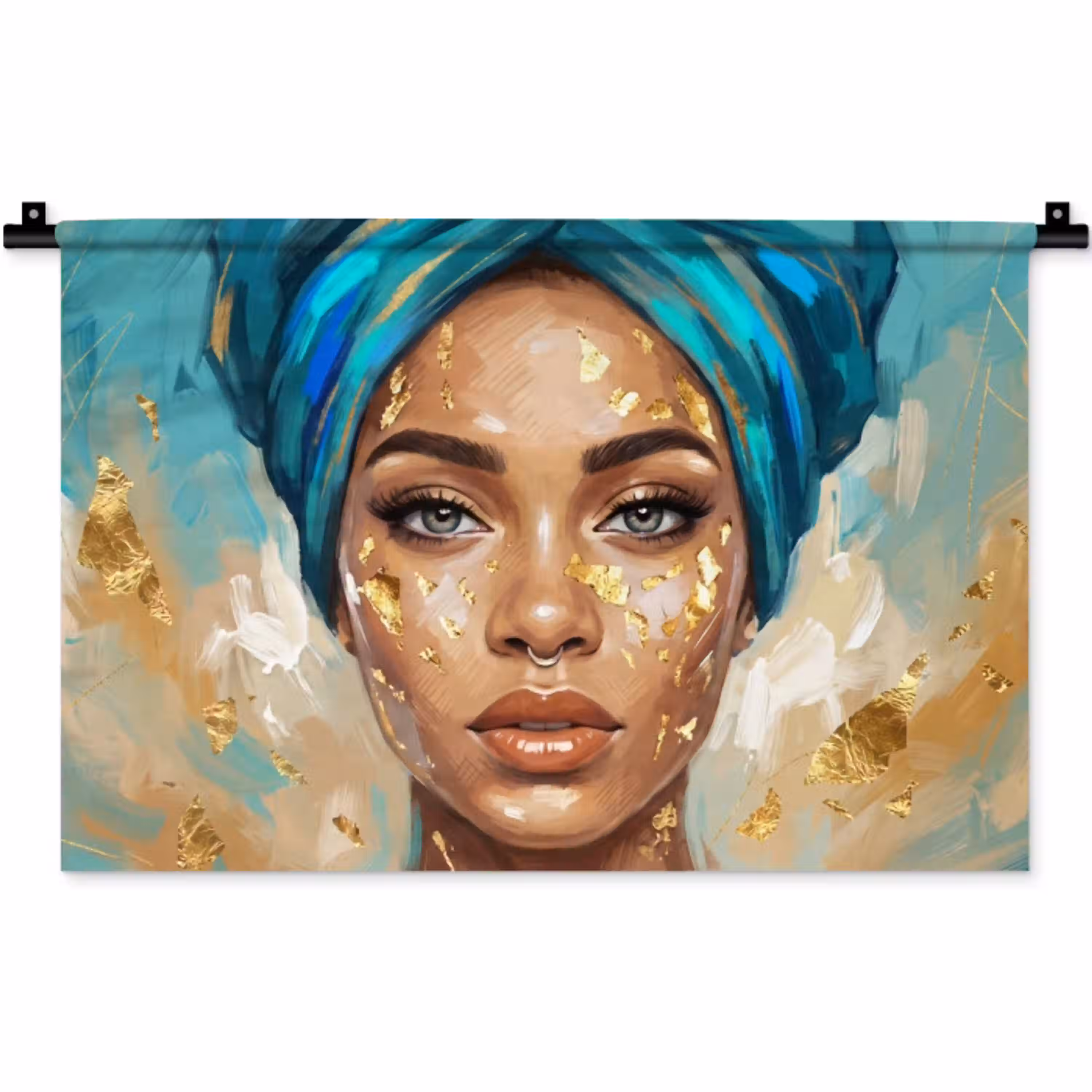 Portret - Vrouw - Schilderij - Blauw - Goud - Expressief Wandkleed katoen klein -zz3d