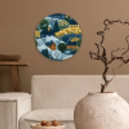 Huisjes - Bloemen - Patroon - Geel - Blauw Wandcirkel kunststof plaat 5mm dik klein 188 -sfeer1