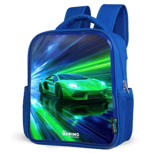 Raceauto - Felgroen - Lichtstralen - Snelheid Kinderrugzak - Blauw middel -schuin