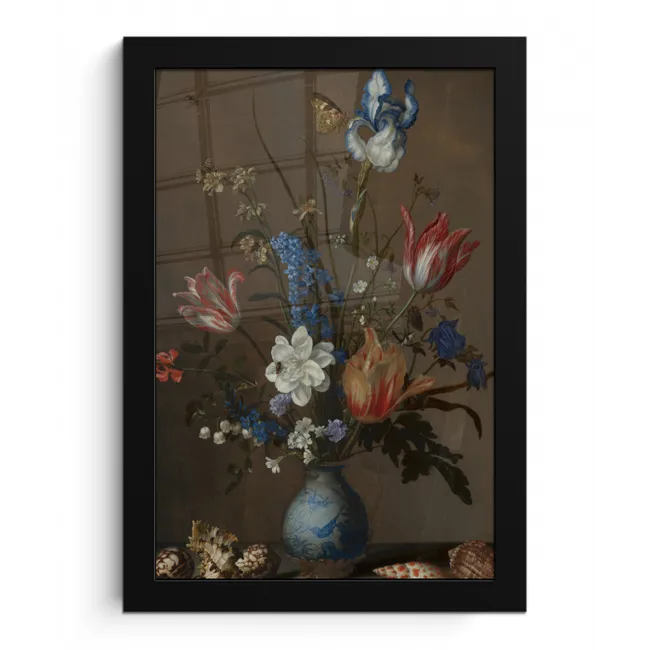 Bloemen in een Wan-Li vaas en schelpen - Schilderij van Balthasar van der Ast fotolijst zwart zonder passe partout klein -3d