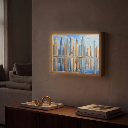 Skyline - Wolkenkrabbers - Water - Blauw Light Box met batterij (Wandlamp) middel -sfeer1