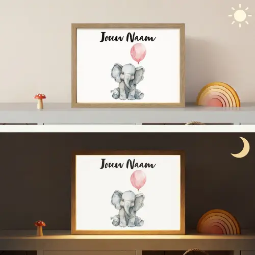 Olifant - Baby dier - Roze ballon Light Box met batterij (Wandlamp kind) middel -sfeer3_kind