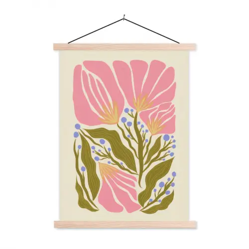 Bloemen - Bladeren - Abstract - Roze textielposter latten blank klein -3d