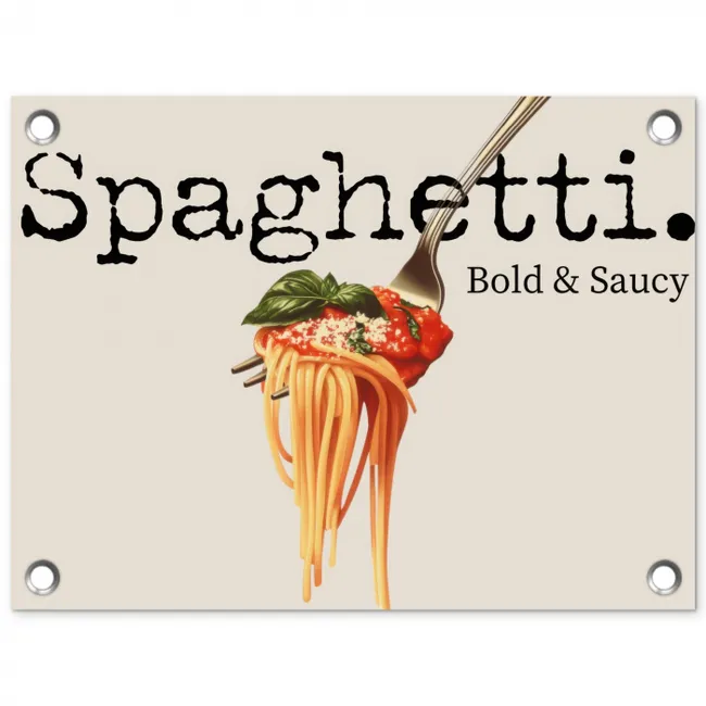 Spaghetti - tomatensaus - Parmezaanse kaas tuinposter los doek klein -3d