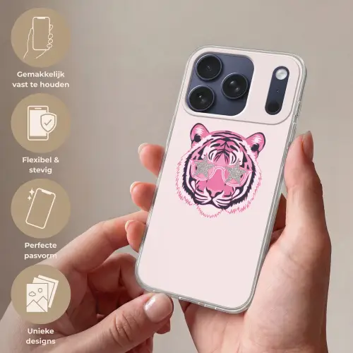Tijger - Glitterzonnebril - Roze Telefoonhoesje iPhone 17 Pro klein -sfeer3_NL