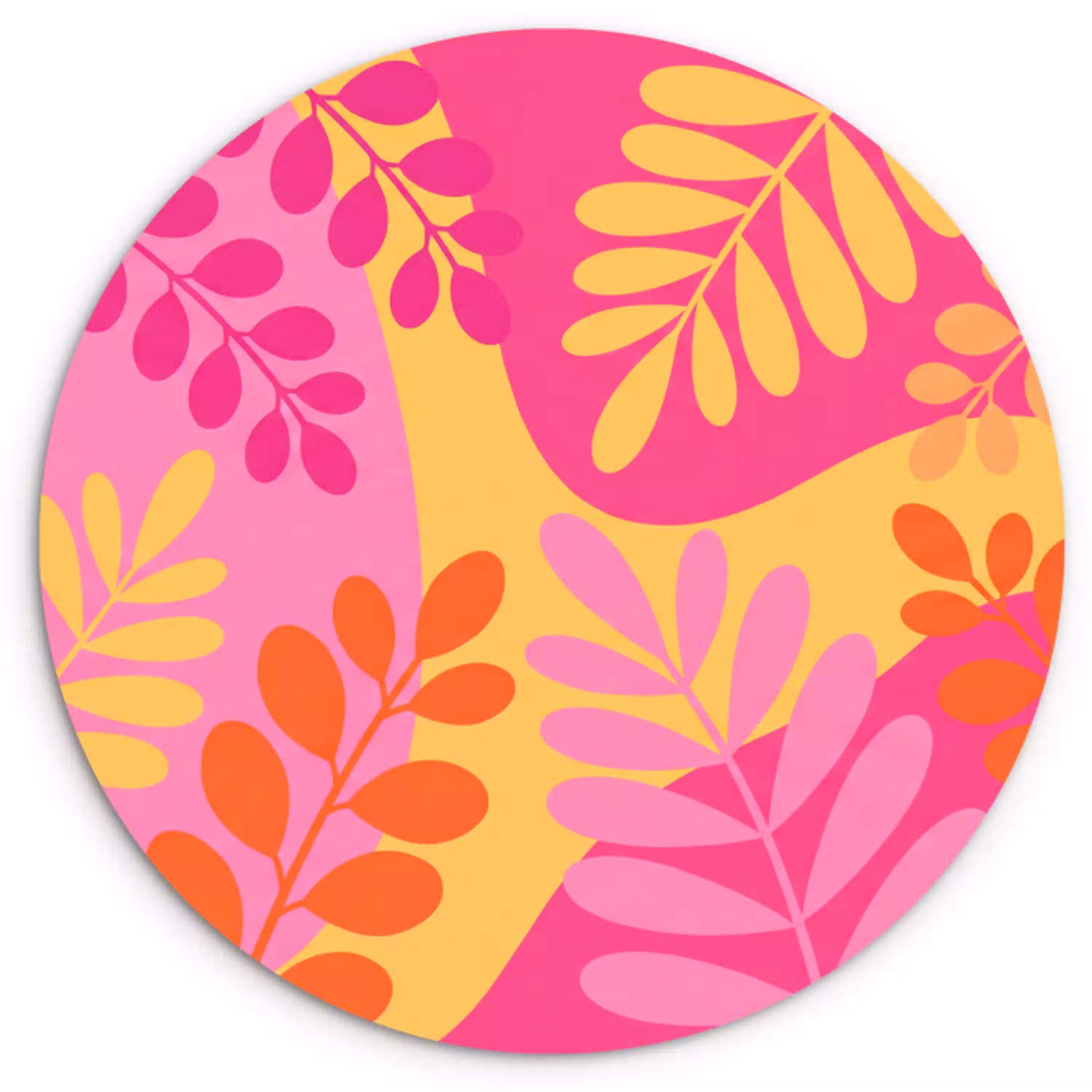 Natuur - Bladeren - Abstract - Roze - Geel Wandcirkel kunststof plaat 5mm dik klein -3d
