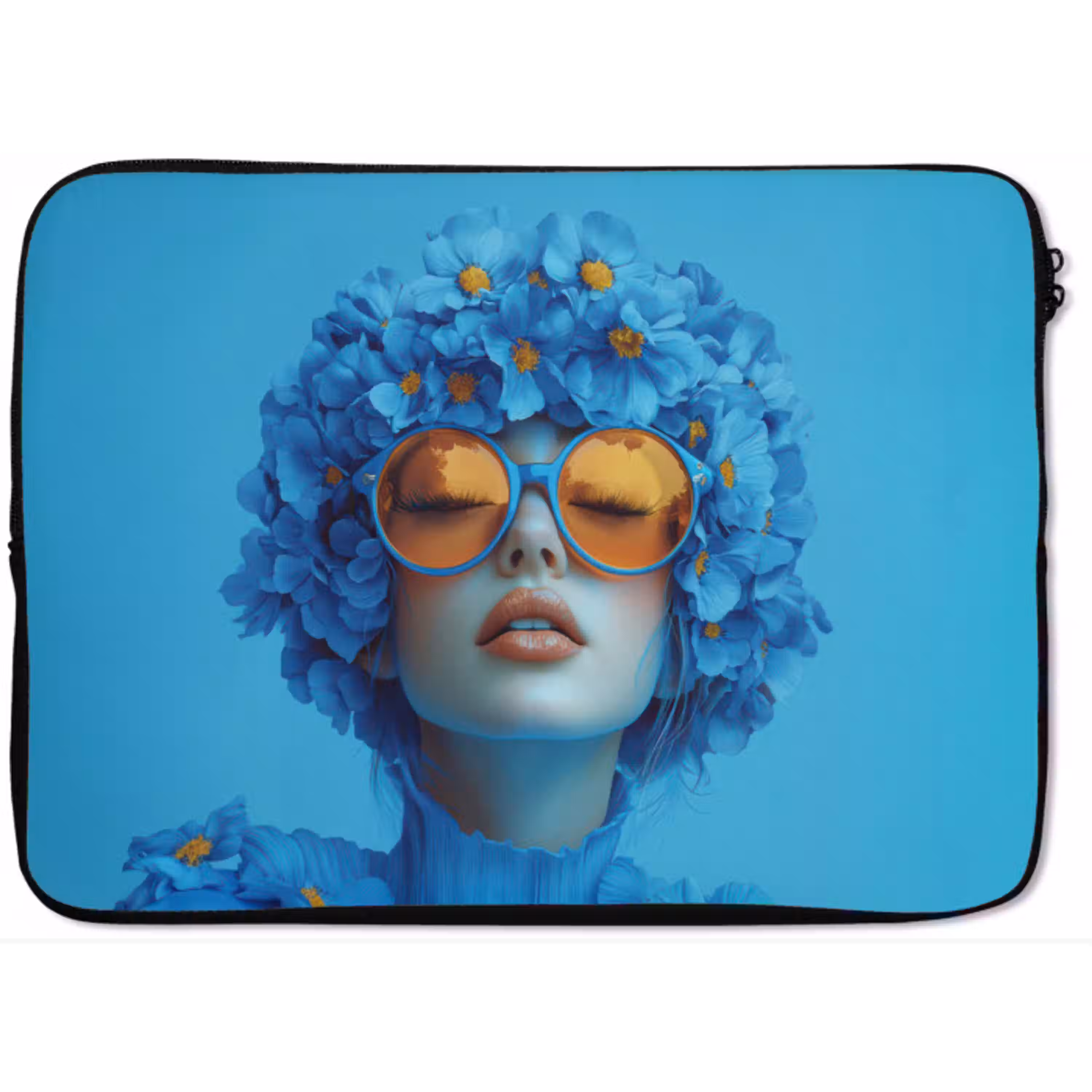 Vrouw - Bloem - Blauw - Modern - Bril - Portret laptophoes neopreen klein -zkaufland3dotto