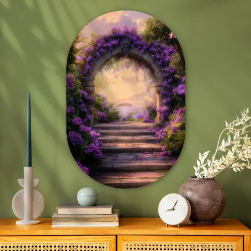 Poort - Paars - Bloemen Wandcirkel Ovaal Glas middel -sfeer2