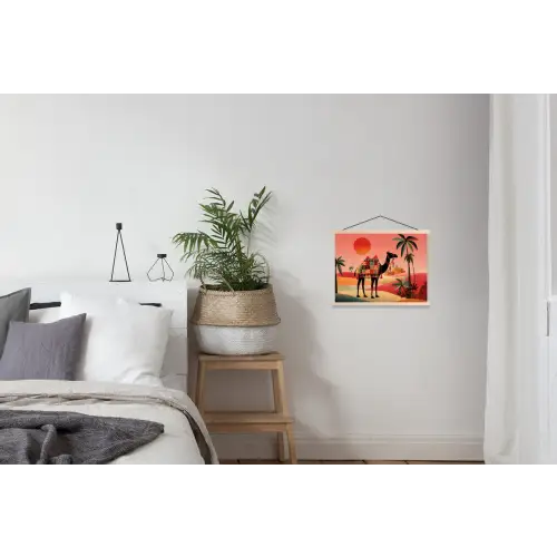 Kameel - Gekleurd tapijt - Duinen - Rode zon textielposter latten blank klein -woonkamer