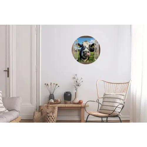 Doorkijk - Koe - Weiland - Dieren - Natuur Wandcirkel aluminium klein -woonkamer
