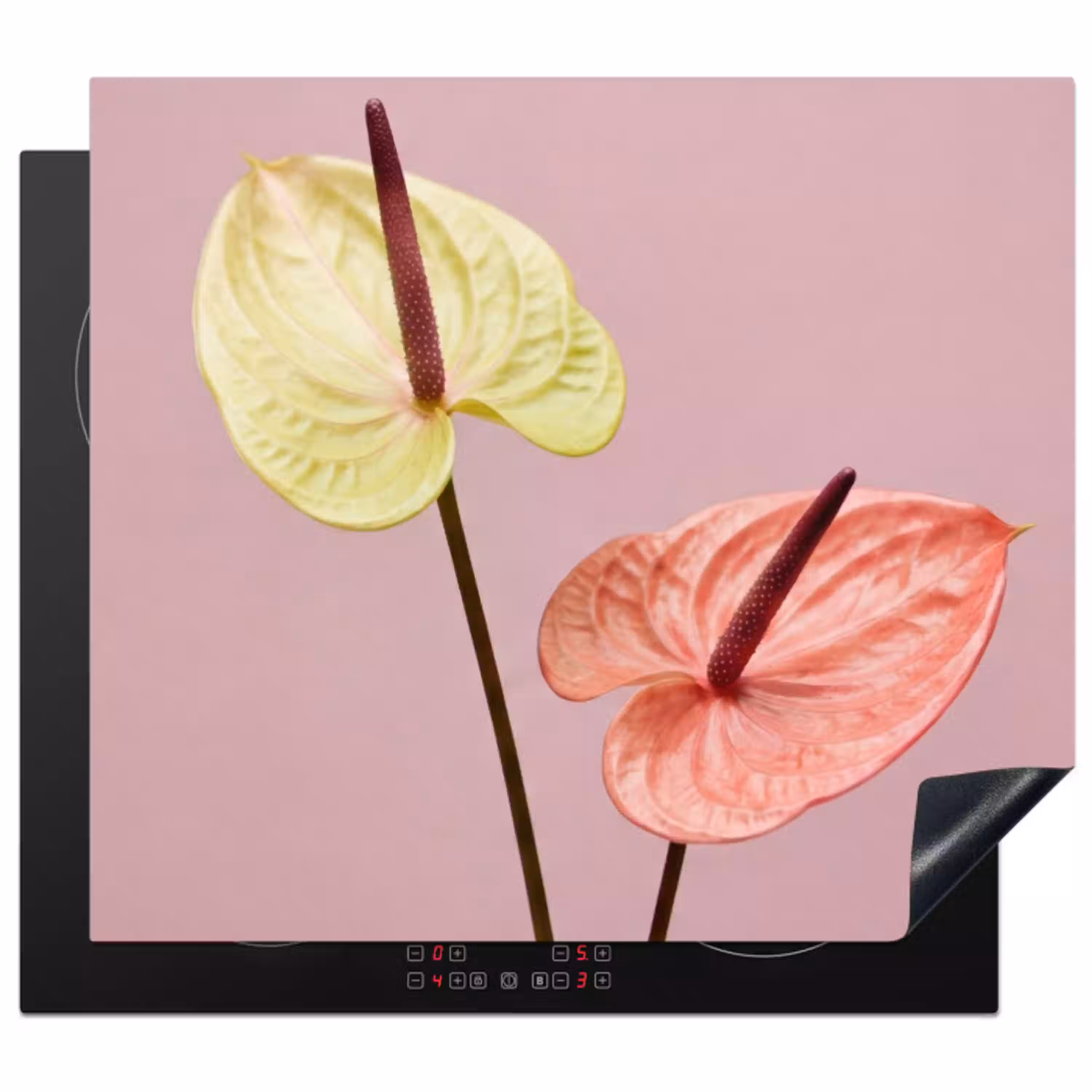 Bloemen - Anthuriums - Geel - Roze Inductie beschermer vinyl 3mm middel -3d