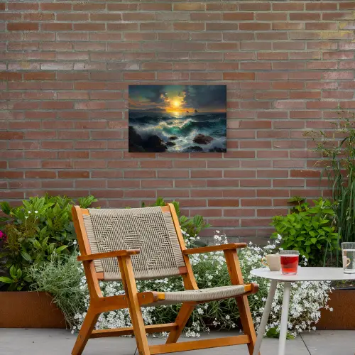 Zee - Zon - Golven - Rotsen Tuinposter op houten frame 2 cm dik klein -sfeer3