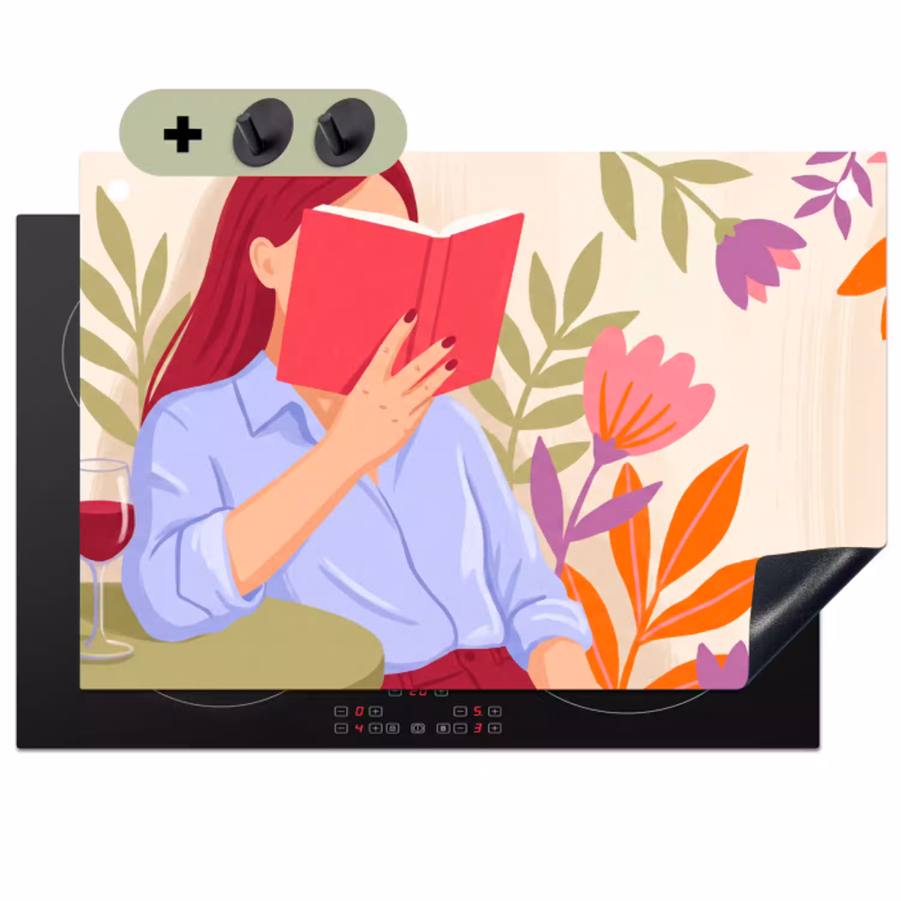 Vrouw - Lezen - Thuis - Modern - Bloemen Inductie beschemer met haakjes klein -3d